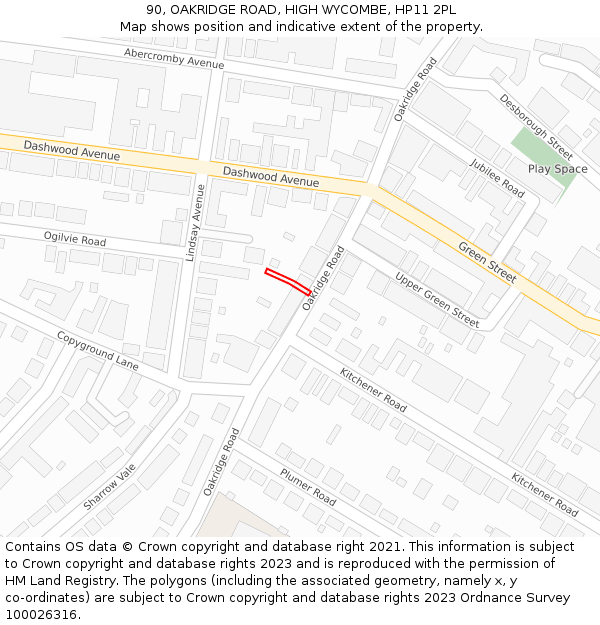 90, OAKRIDGE ROAD, HIGH WYCOMBE, HP11 2PL: Location map and indicative extent of plot