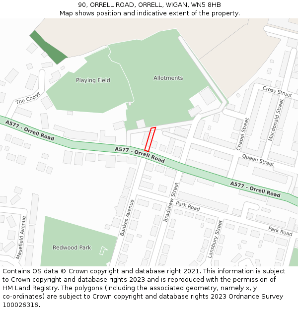 90, ORRELL ROAD, ORRELL, WIGAN, WN5 8HB: Location map and indicative extent of plot