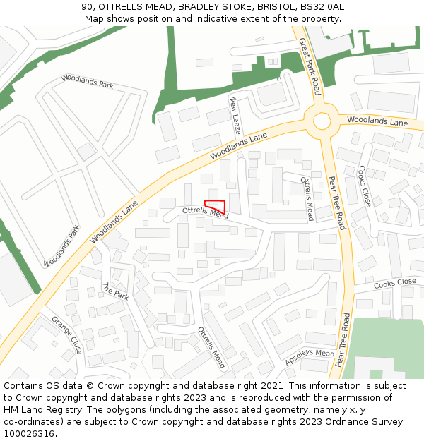 90, OTTRELLS MEAD, BRADLEY STOKE, BRISTOL, BS32 0AL: Location map and indicative extent of plot