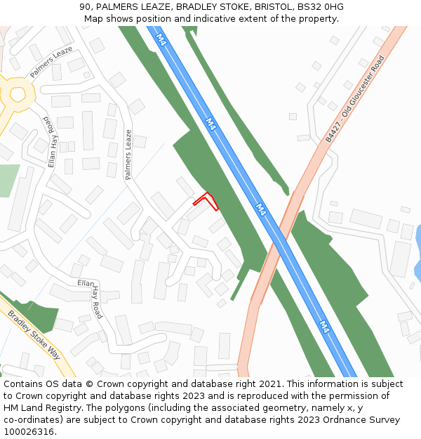90, PALMERS LEAZE, BRADLEY STOKE, BRISTOL, BS32 0HG: Location map and indicative extent of plot