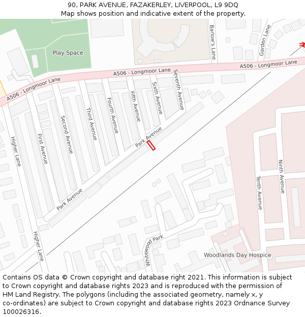 90, PARK AVENUE, FAZAKERLEY, LIVERPOOL, L9 9DQ: Location map and indicative extent of plot