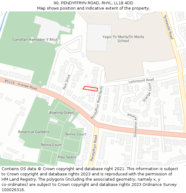 90, PENDYFFRYN ROAD, RHYL, LL18 4DD: Location map and indicative extent of plot