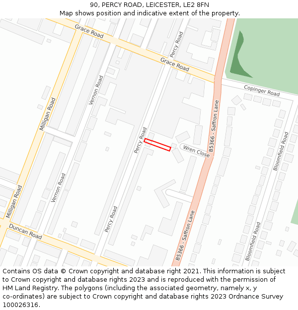 90, PERCY ROAD, LEICESTER, LE2 8FN: Location map and indicative extent of plot