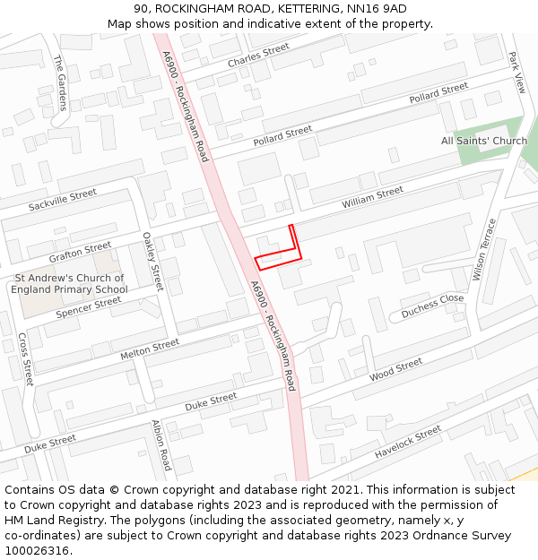 90, ROCKINGHAM ROAD, KETTERING, NN16 9AD: Location map and indicative extent of plot