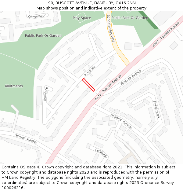 90, RUSCOTE AVENUE, BANBURY, OX16 2NN: Location map and indicative extent of plot