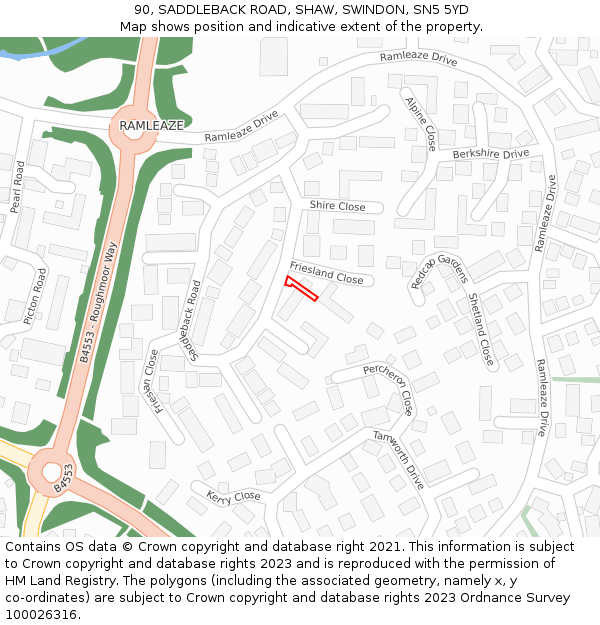 90, SADDLEBACK ROAD, SHAW, SWINDON, SN5 5YD: Location map and indicative extent of plot