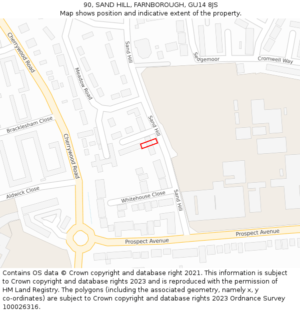 90, SAND HILL, FARNBOROUGH, GU14 8JS: Location map and indicative extent of plot