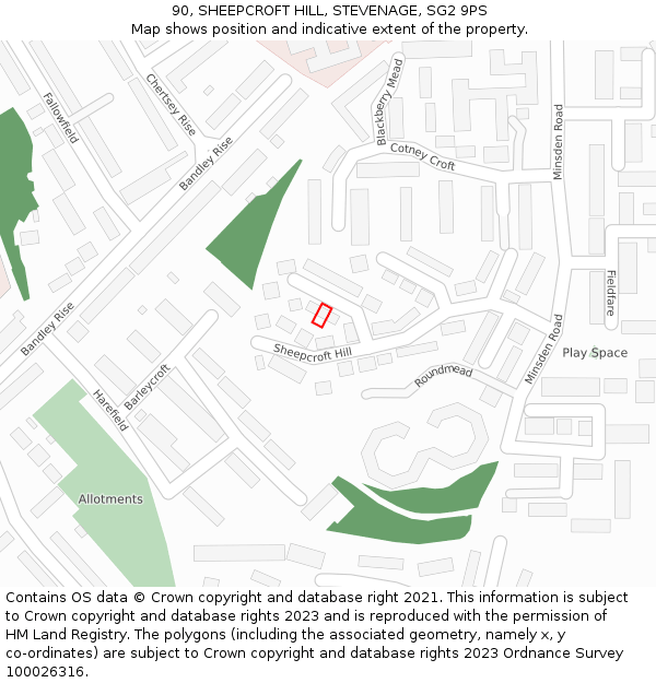 90, SHEEPCROFT HILL, STEVENAGE, SG2 9PS: Location map and indicative extent of plot