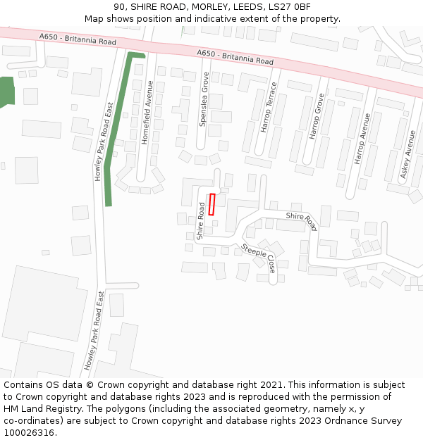 90, SHIRE ROAD, MORLEY, LEEDS, LS27 0BF: Location map and indicative extent of plot