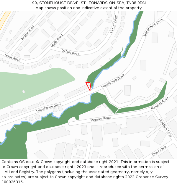90, STONEHOUSE DRIVE, ST LEONARDS-ON-SEA, TN38 9DN: Location map and indicative extent of plot