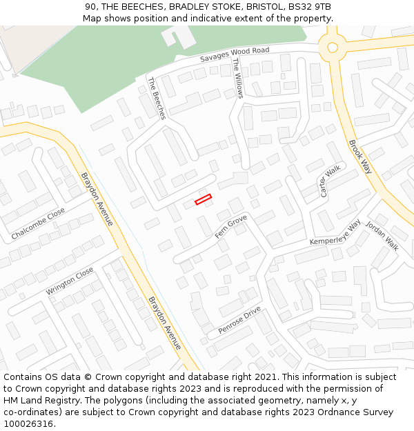 90, THE BEECHES, BRADLEY STOKE, BRISTOL, BS32 9TB: Location map and indicative extent of plot