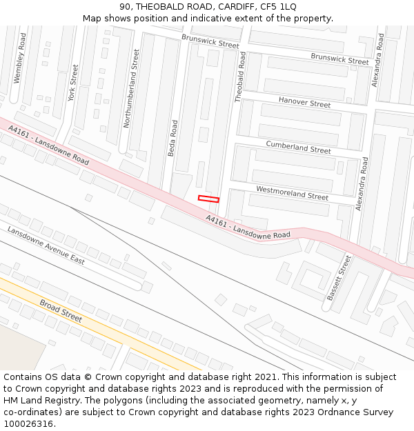 90, THEOBALD ROAD, CARDIFF, CF5 1LQ: Location map and indicative extent of plot