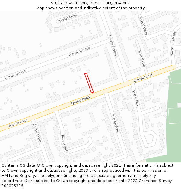 90, TYERSAL ROAD, BRADFORD, BD4 8EU: Location map and indicative extent of plot