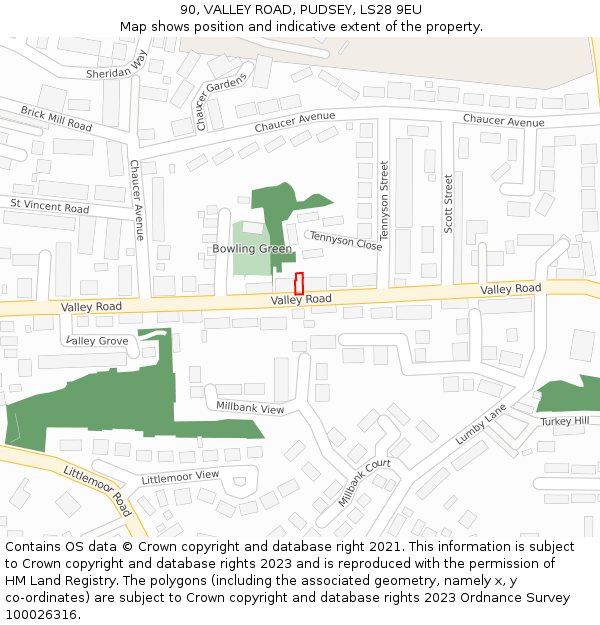 90, VALLEY ROAD, PUDSEY, LS28 9EU: Location map and indicative extent of plot