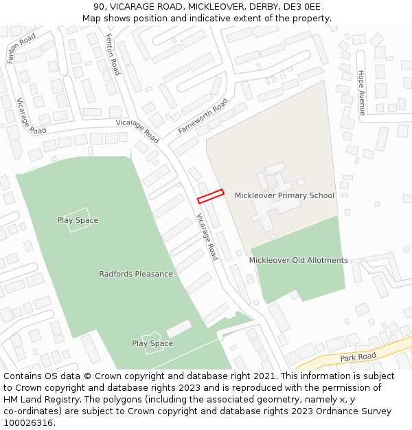 90, VICARAGE ROAD, MICKLEOVER, DERBY, DE3 0EE: Location map and indicative extent of plot