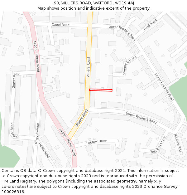 90, VILLIERS ROAD, WATFORD, WD19 4AJ: Location map and indicative extent of plot