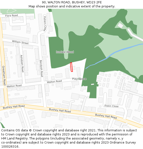 90, WALTON ROAD, BUSHEY, WD23 2FE: Location map and indicative extent of plot