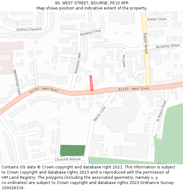 90, WEST STREET, BOURNE, PE10 9PR: Location map and indicative extent of plot