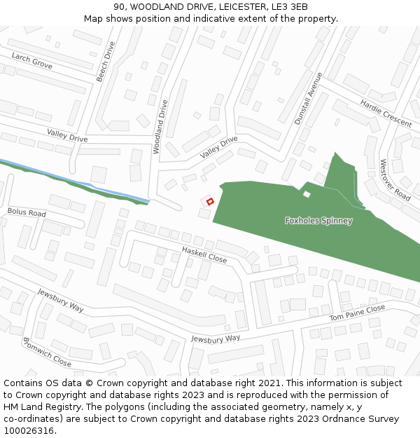 90, WOODLAND DRIVE, LEICESTER, LE3 3EB: Location map and indicative extent of plot