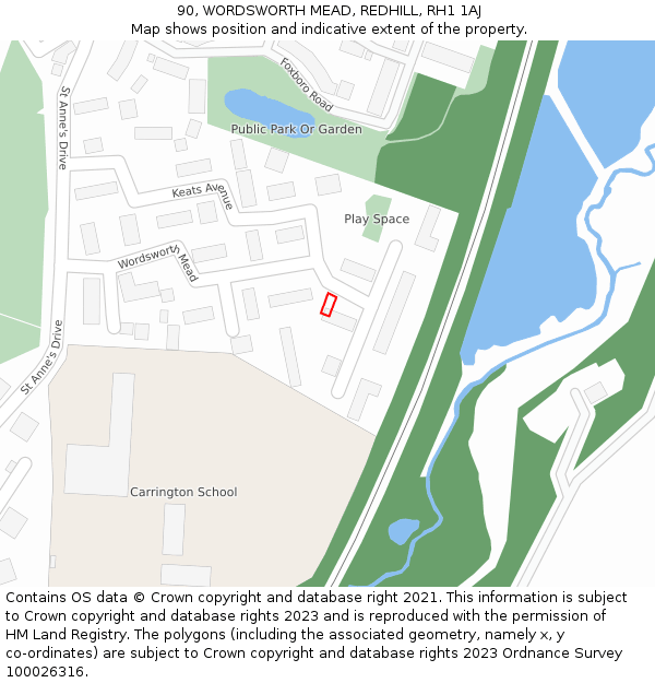 90, WORDSWORTH MEAD, REDHILL, RH1 1AJ: Location map and indicative extent of plot