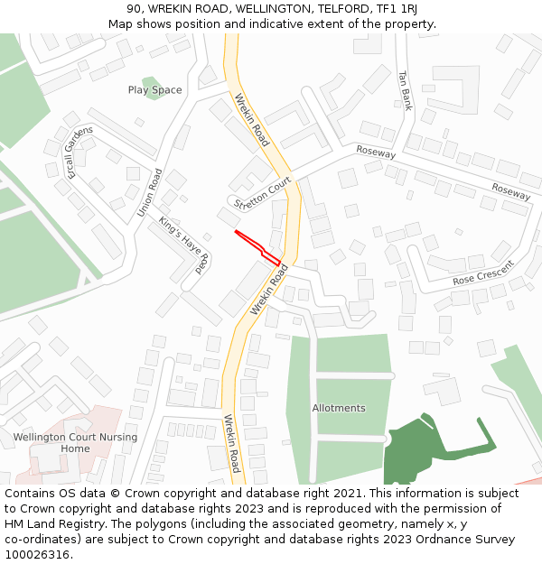 90, WREKIN ROAD, WELLINGTON, TELFORD, TF1 1RJ: Location map and indicative extent of plot