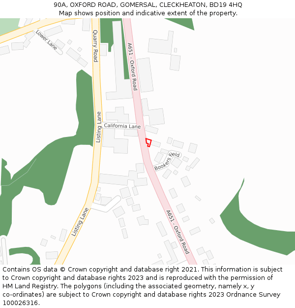 90A, OXFORD ROAD, GOMERSAL, CLECKHEATON, BD19 4HQ: Location map and indicative extent of plot