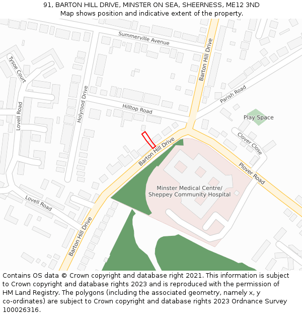 91, BARTON HILL DRIVE, MINSTER ON SEA, SHEERNESS, ME12 3ND: Location map and indicative extent of plot