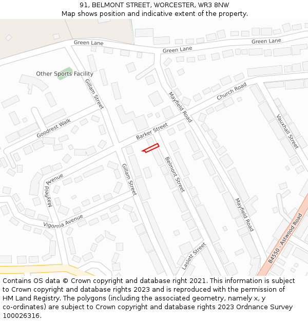 91, BELMONT STREET, WORCESTER, WR3 8NW: Location map and indicative extent of plot