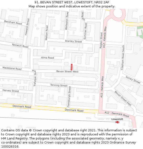 91, BEVAN STREET WEST, LOWESTOFT, NR32 2AF: Location map and indicative extent of plot