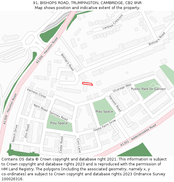 91, BISHOPS ROAD, TRUMPINGTON, CAMBRIDGE, CB2 9NR: Location map and indicative extent of plot