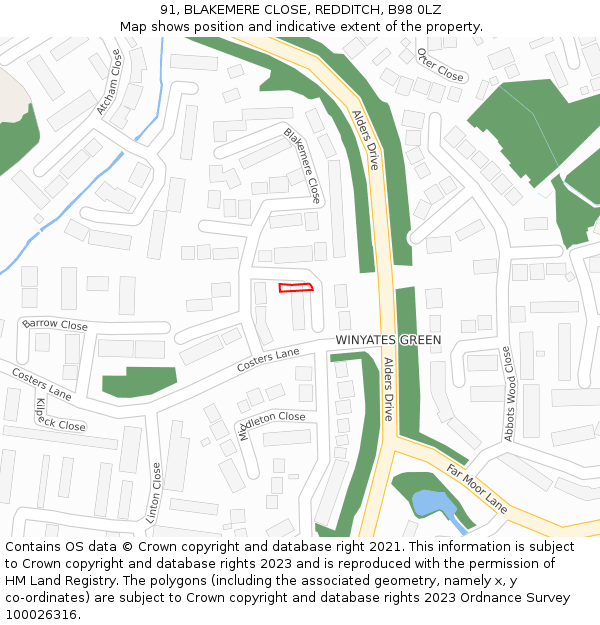 91, BLAKEMERE CLOSE, REDDITCH, B98 0LZ: Location map and indicative extent of plot