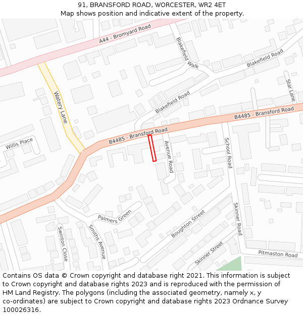 91, BRANSFORD ROAD, WORCESTER, WR2 4ET: Location map and indicative extent of plot