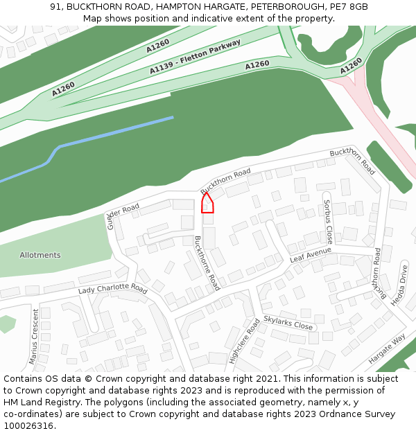 91, BUCKTHORN ROAD, HAMPTON HARGATE, PETERBOROUGH, PE7 8GB: Location map and indicative extent of plot