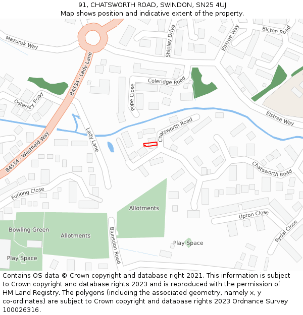 91, CHATSWORTH ROAD, SWINDON, SN25 4UJ: Location map and indicative extent of plot