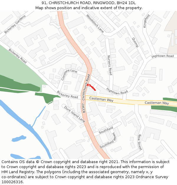 91, CHRISTCHURCH ROAD, RINGWOOD, BH24 1DL: Location map and indicative extent of plot