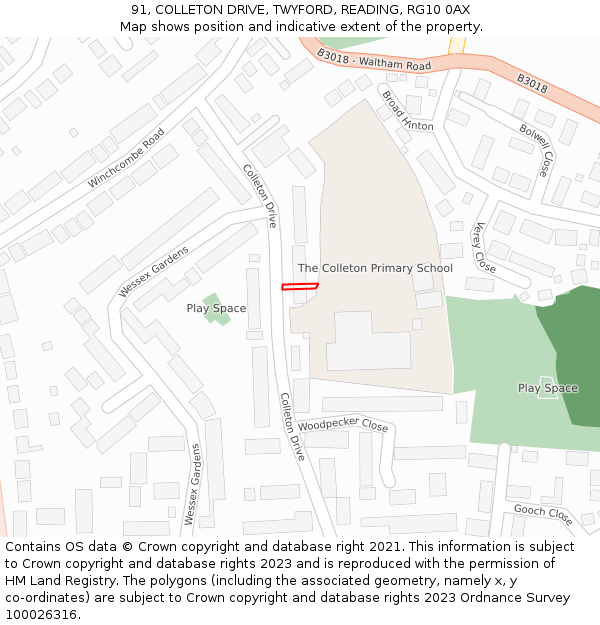 91, COLLETON DRIVE, TWYFORD, READING, RG10 0AX: Location map and indicative extent of plot