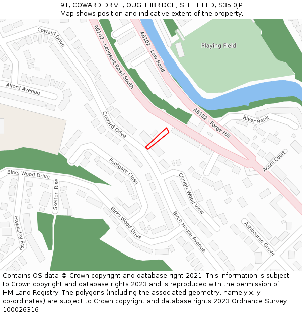 91, COWARD DRIVE, OUGHTIBRIDGE, SHEFFIELD, S35 0JP: Location map and indicative extent of plot