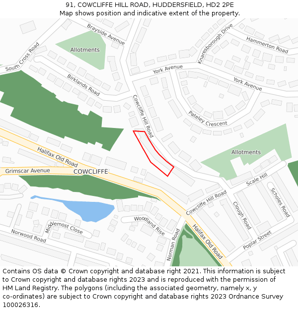 91, COWCLIFFE HILL ROAD, HUDDERSFIELD, HD2 2PE: Location map and indicative extent of plot