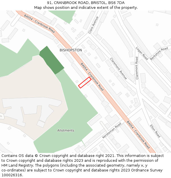 91, CRANBROOK ROAD, BRISTOL, BS6 7DA: Location map and indicative extent of plot