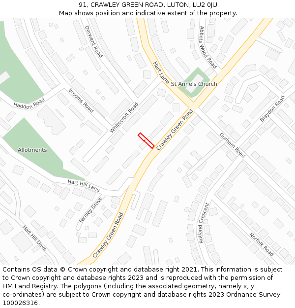 91, CRAWLEY GREEN ROAD, LUTON, LU2 0JU: Location map and indicative extent of plot