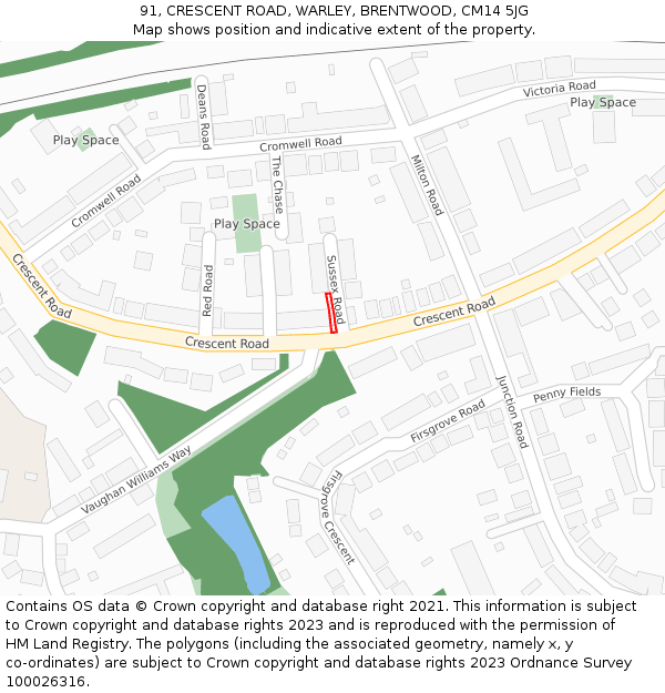 91, CRESCENT ROAD, WARLEY, BRENTWOOD, CM14 5JG: Location map and indicative extent of plot