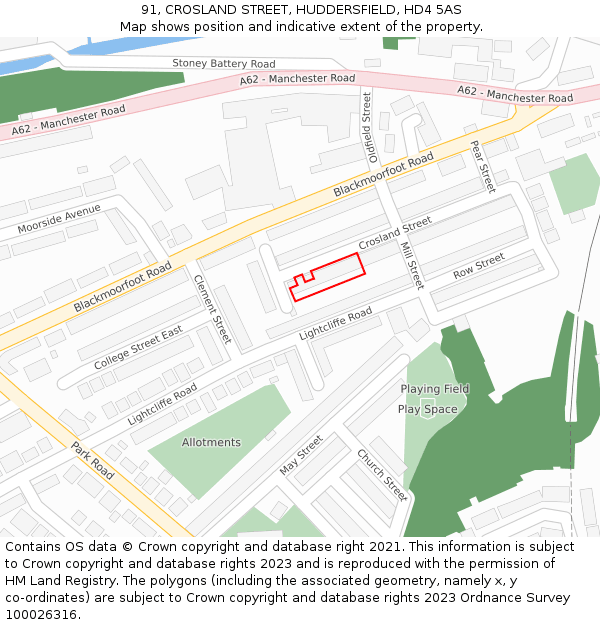 91, CROSLAND STREET, HUDDERSFIELD, HD4 5AS: Location map and indicative extent of plot