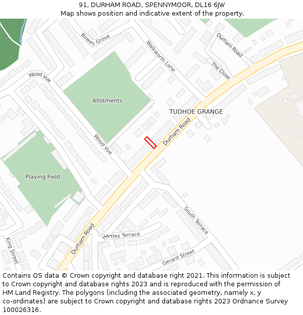 91, DURHAM ROAD, SPENNYMOOR, DL16 6JW: Location map and indicative extent of plot