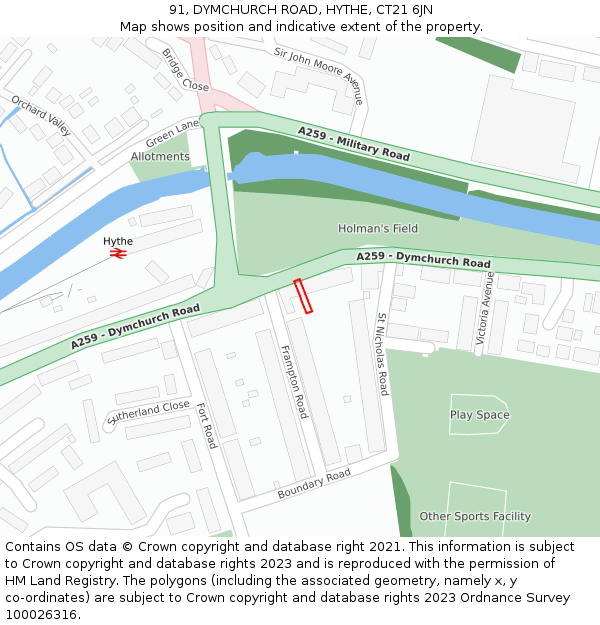 91, DYMCHURCH ROAD, HYTHE, CT21 6JN: Location map and indicative extent of plot
