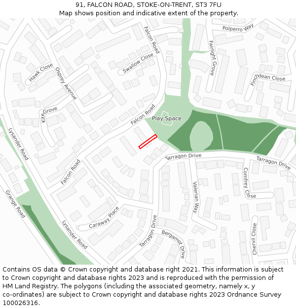 91, FALCON ROAD, STOKE-ON-TRENT, ST3 7FU: Location map and indicative extent of plot