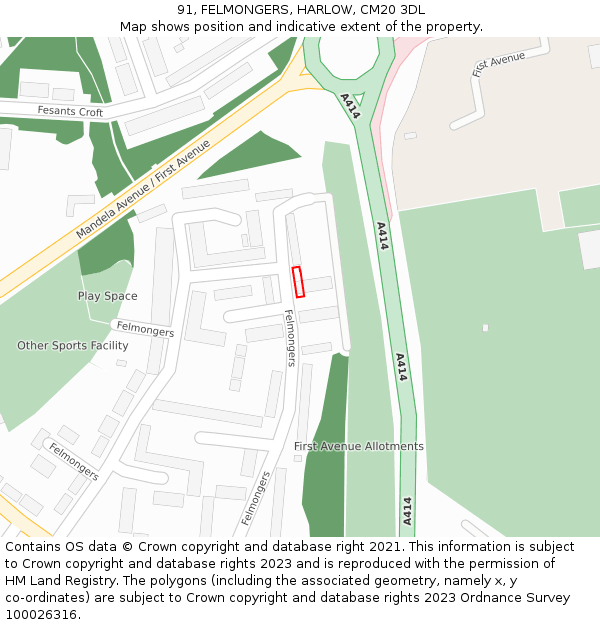 91, FELMONGERS, HARLOW, CM20 3DL: Location map and indicative extent of plot