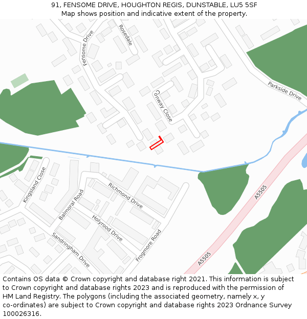91, FENSOME DRIVE, HOUGHTON REGIS, DUNSTABLE, LU5 5SF: Location map and indicative extent of plot