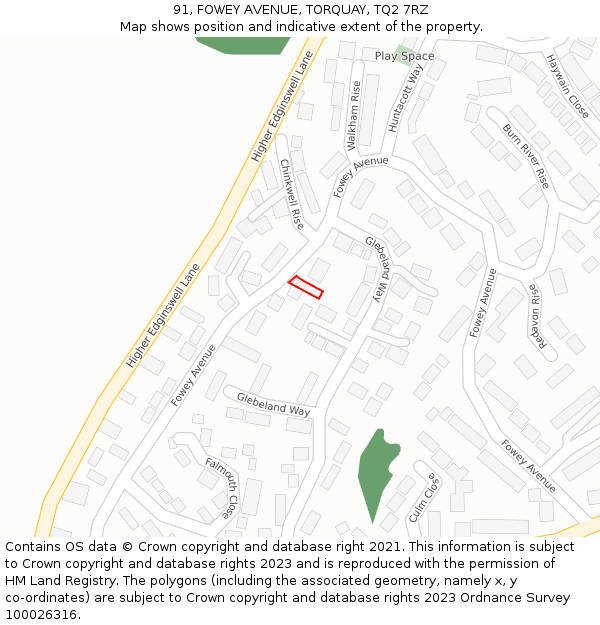 91, FOWEY AVENUE, TORQUAY, TQ2 7RZ: Location map and indicative extent of plot