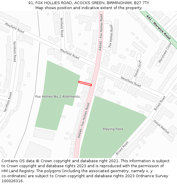 91, FOX HOLLIES ROAD, ACOCKS GREEN, BIRMINGHAM, B27 7TY: Location map and indicative extent of plot