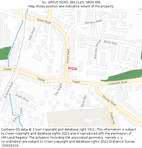 91, GROVE ROAD, BECCLES, NR34 9RE: Location map and indicative extent of plot